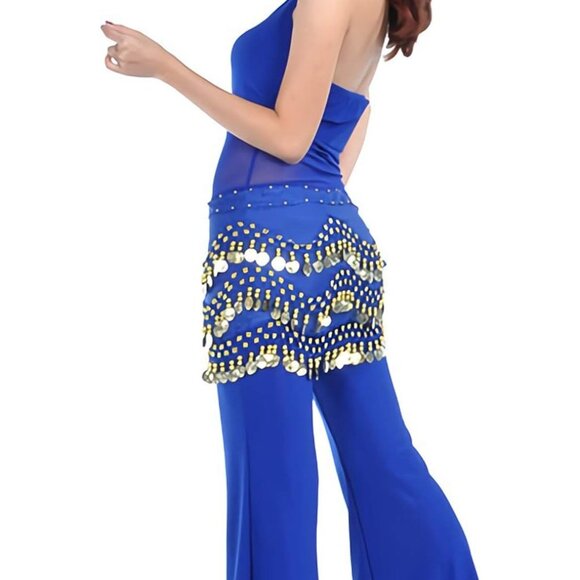 Women's Blue Belly Dance Scarf With 128 Gold Coins Skirts For Belly Dance - Picture 3 of 6